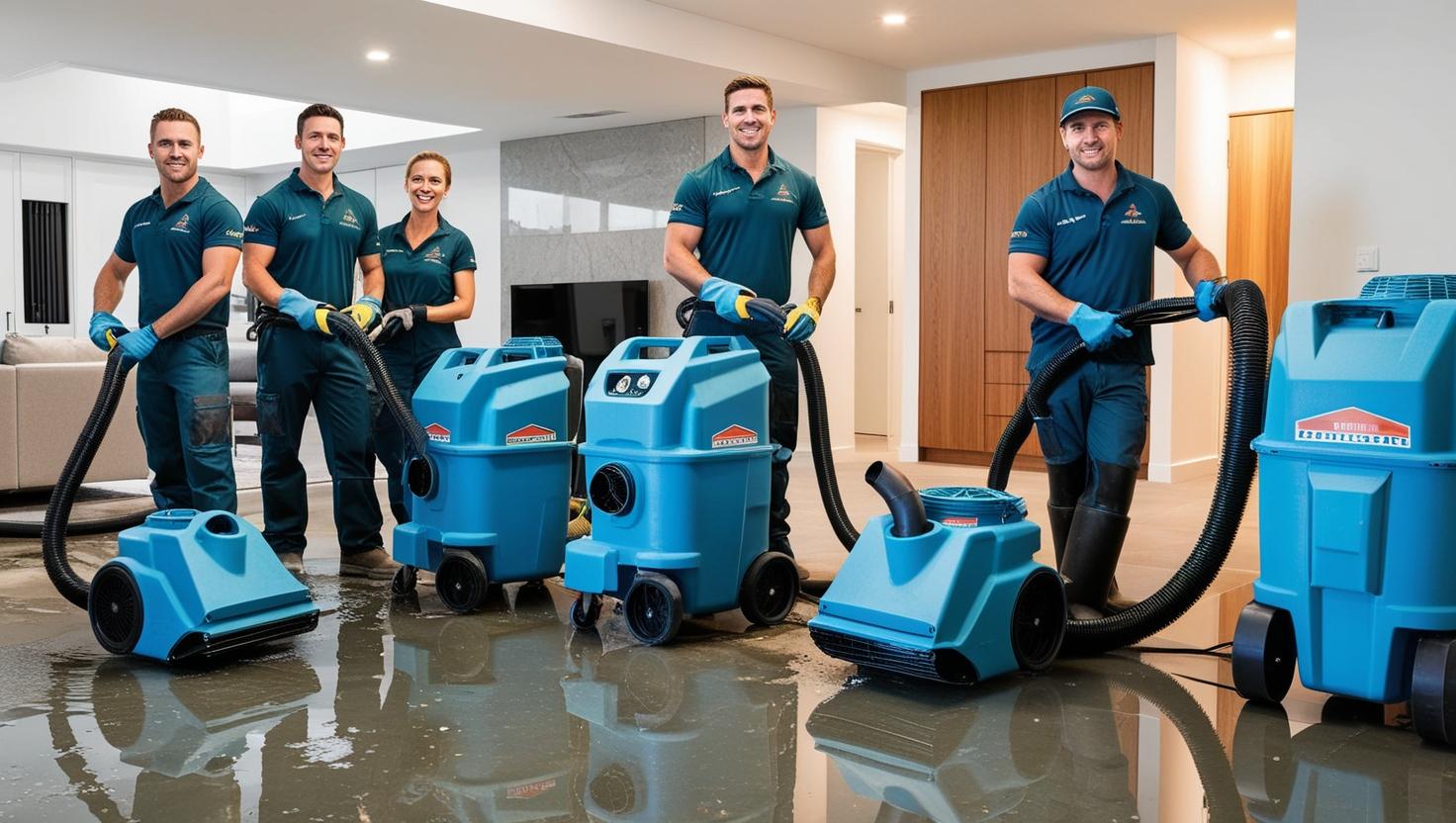 Team using commercial dehumidifiers to remove excess water and moisture from flooded indoor space Team using commercial dehumidifiers to remove excess water and moisture from flooded indoor space